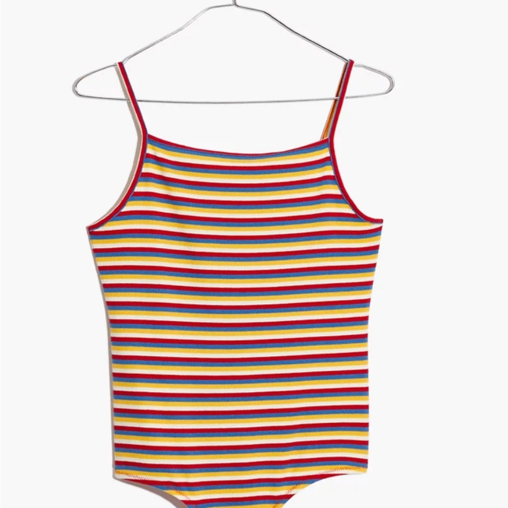 Madewell Ribbed Spaghetti-Strap Thong Bodysuit in Rainbow Stripe SZ XS